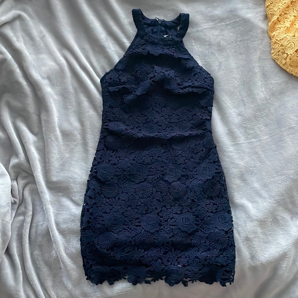 Lulus Love Poem Navy Lace Mini Dress